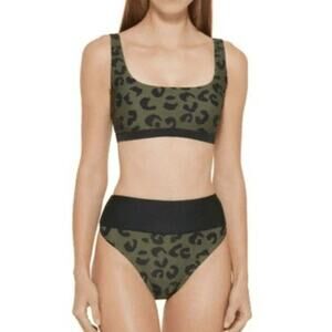 DKNY Swim Top & High Waist Leopard Print Green 2 PC Set NEW Small / Medium NWT